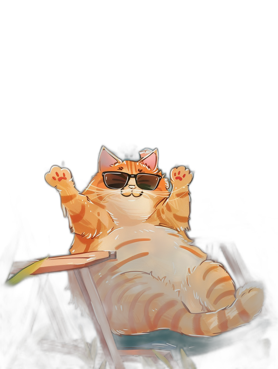 digital art of cute and fat orange cat , wearing sunglasses, sitting on the chair with table in front of him , black background , chill vibes , happy mood , hand up to camera , chilling happy expression