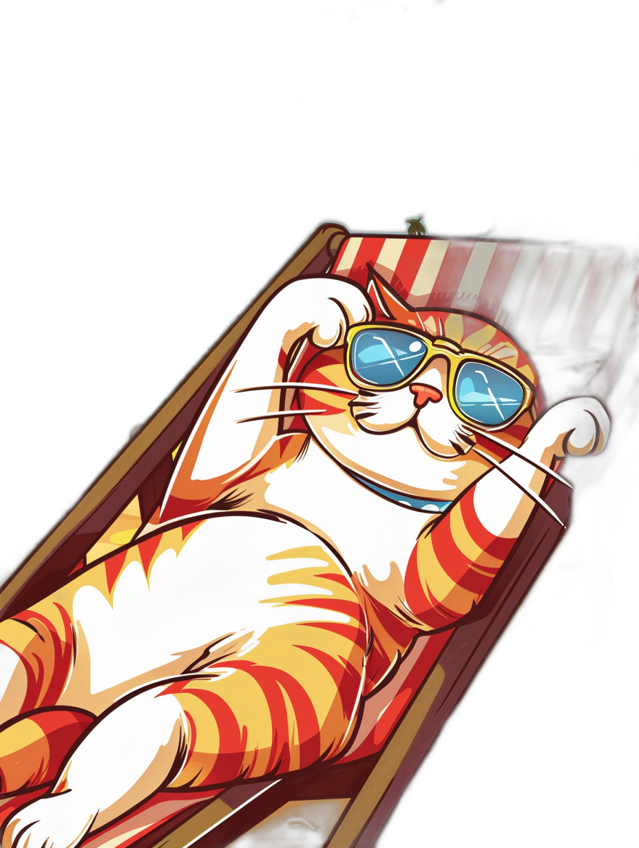 A cartoon cat wearing sunglasses lies on the deck of an airship, relaxing in a striped red and white sunbed with its legs crossed, wearing blue lens glasses against a black background. It is a front view, close-up shot of the cat in a flat, vector illustration style. The design is colorful and high resolution, rendered in a 2D style.