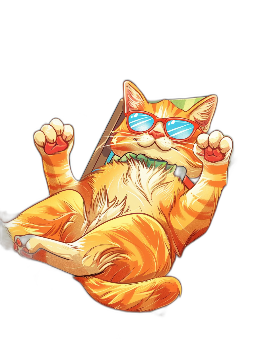 A cartoon orange cat is lying on its back, wearing sunglasses and holding an electric cigarette in his paws. Vector illustration style with black background. The image has bold lines and simple shapes. It uses bright colors to create contrast between the dark sky and light fur of cats.