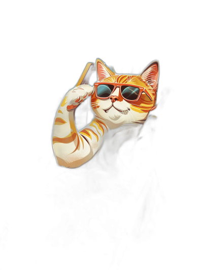 digital art of a cool fat orange cat, the ginger cat wearing sunglasses. Holding a phone in hand against a dark background, minimal style, chill vibes, painting with brush strokes in the style of minimal style.