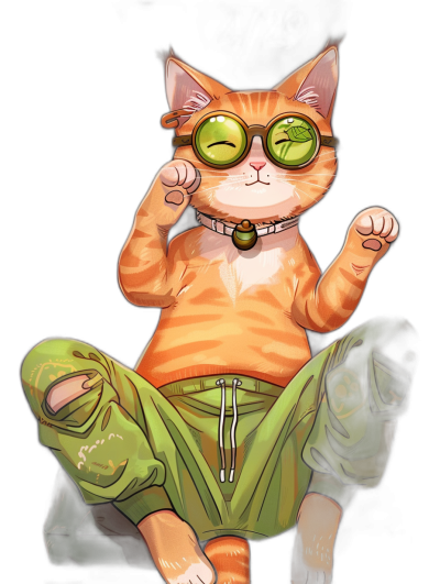 A chubby ginger cat with green eyes sits cross legged on the floor meditating, wearing oversized dark glasses and an old army shirt. The drawing is in the anime style on a black background.