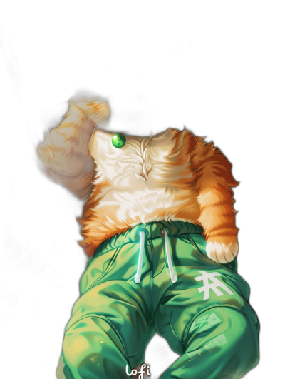 View from behind of an orange and white cat with green eyes wearing bright vibrant emerald-colored sweatpants that say "lofi", stretching back his head to the sky in joyous laughter against a black background. The illustration is in the style of anime.