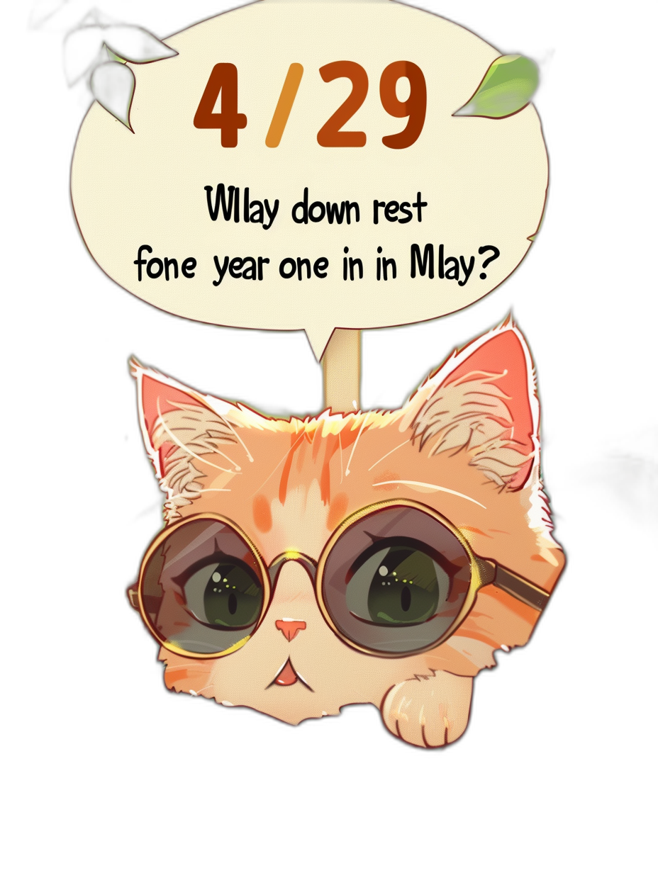 A cute cat with glasses is thinking, the text “4/29 will you down rest one year in May?” floating above its head. In the style of a cartoon, with simple lines drawn on a black background.