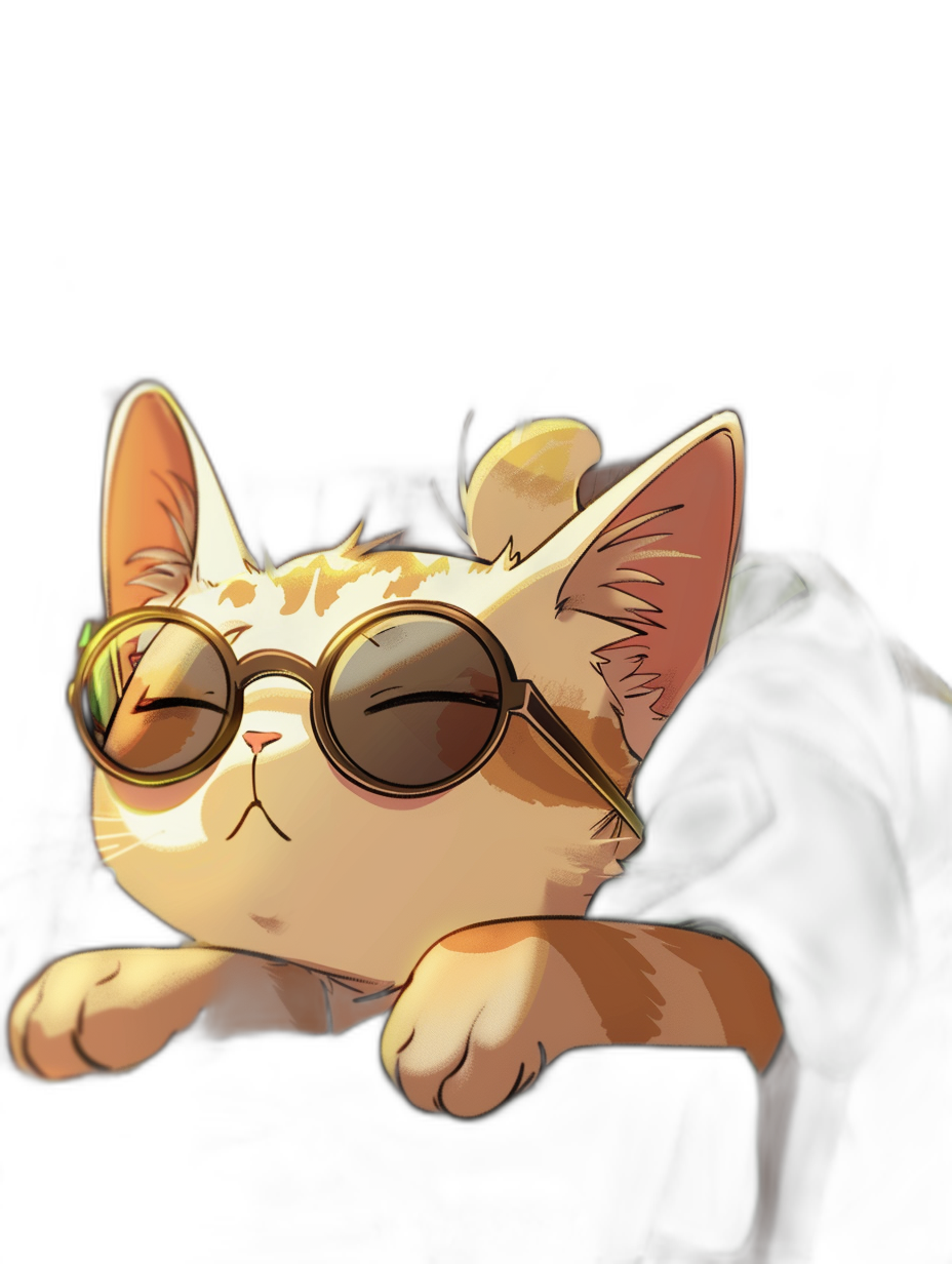 digital art of a cute and fat cat wearing sunglasses against a black background with chill vibes in the style of anime.