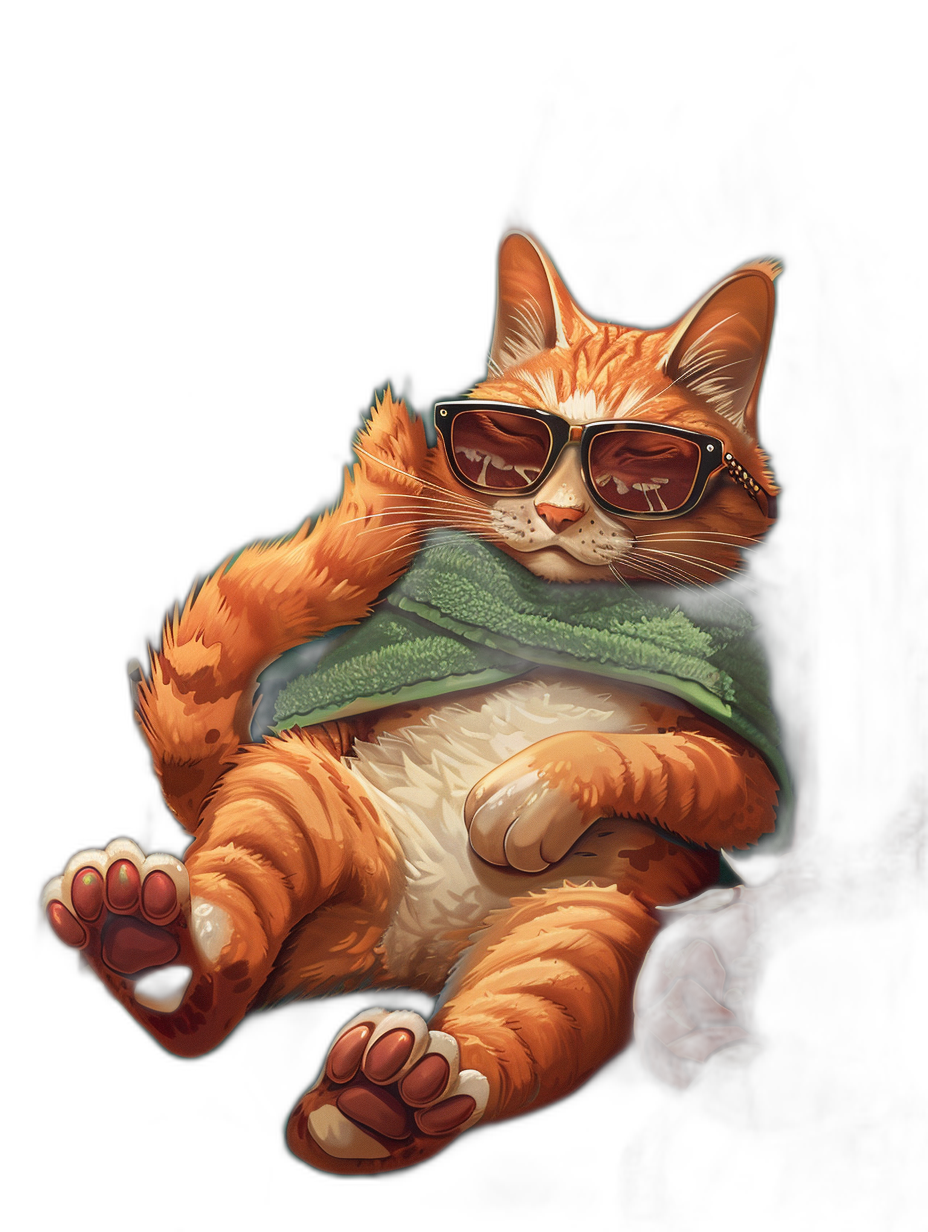 A digital art illustration of an orange cat wearing sunglasses and green , lounging on its back with paws hanging down against a black background, in the cute style with warm colors and detailed design, at high resolution, in the digital art style.