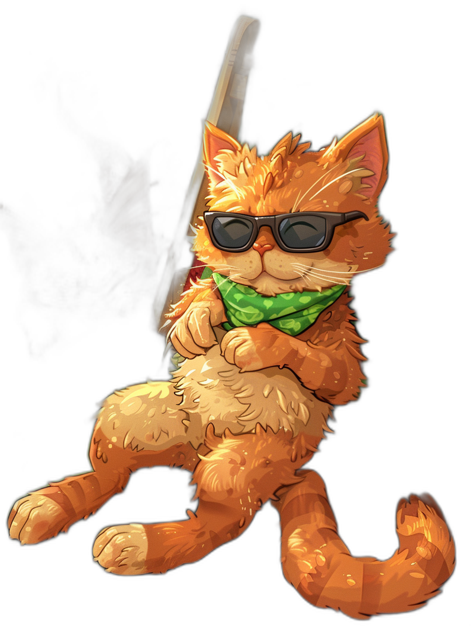 Super cute chibi kawaii ginger cat wearing sunglasses, sitting and holding an oak club in his paws with a green bandana around his neck on a black background, in the style of ghibli anime art.