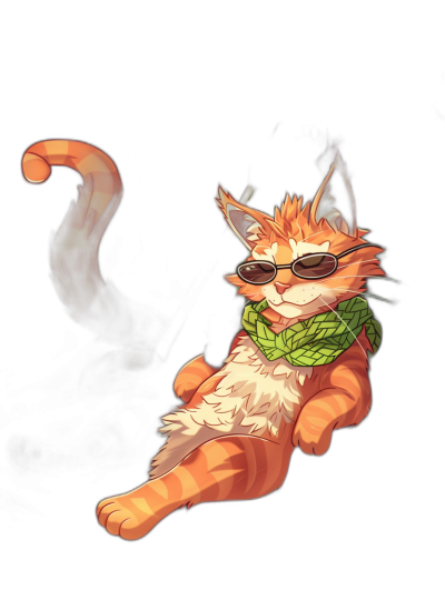 A full body shot of an orange and white cat with sunglasses on wearing a green scarf sitting down against a black background in the style of [Studio Ghibli](https://goo.gl/search?artist%20Studio%20Ghibli) anime illustration. The cat is smoking a cigarette and has one leg up behind him. He's smiling. His tail is curled around his foot. In a simple cartoon drawing style. Black Background.