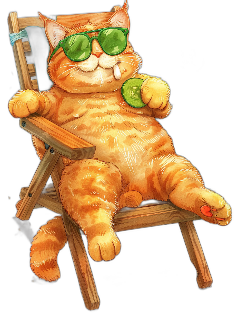 A ginger cat wearing green sunglasses lounging in a beach chair, vector art illustration, detailed, in the style of cartoon, digital painting, high resolution, high detail, clean black background, full body shot