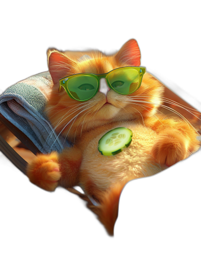 digital art of cute and fat orange cat wearing green sunglasses , holding cucumber in its paws, lying on the sofa with towel around it black background , chill smile , soft light