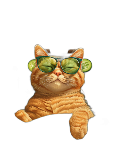 digital art of a cute fat orange cat, wearing sunglasses with cucumbers on its eyes, on a simple clean black background, in a portrait view.