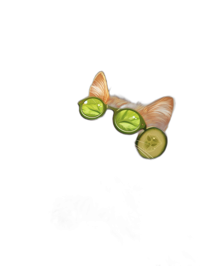 A cute cat with cucumber sunglasses on a black background, in a minimalist style.