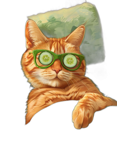 digital art of a cute orange cat, wearing green sunglasses with a cucumber on its eye, with a chill and funny expression, sitting on the couch against a black background