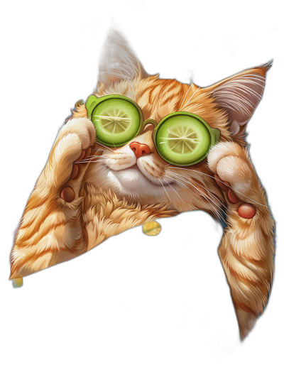 a realistic illustration of an orange cat with cucumber slices on its eyes, wearing swimming goggles and holding up one paw to the camera, isolated in black background, high detail