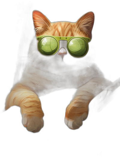 A cute orange cat wearing green glasses is lying on the black background, with its head tilted and looking at me. It has white paws hanging down from above, with a dark yellow body color. The lens uses a macro photography style to highlight details of fur texture and eye expression. Soft lighting creates a warm atmosphere. Digital painting technology adds three-dimensional effects, highlighting emotions such as playfulness and confidence.,,in