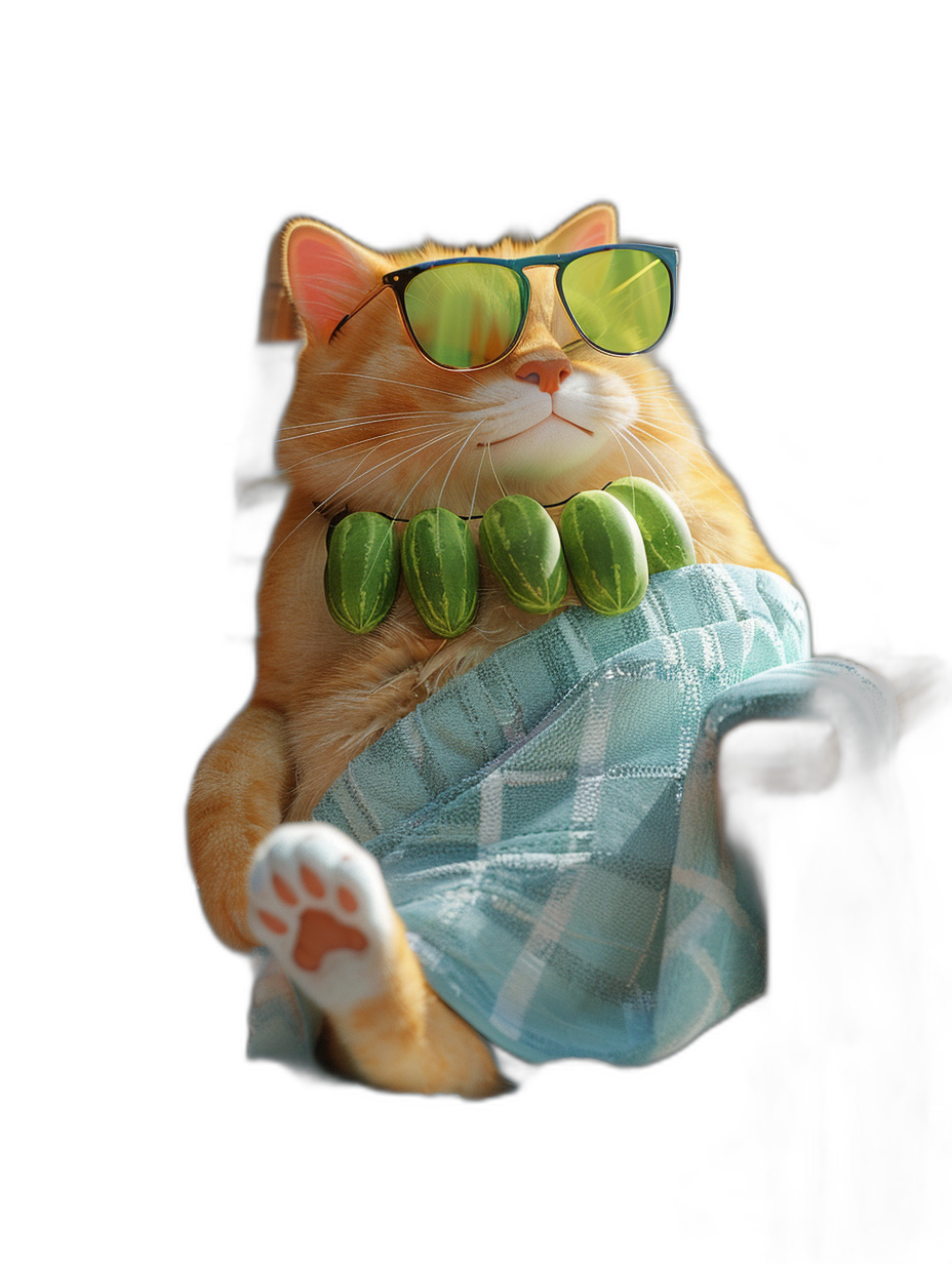 a cute ginger cat wearing sunglasses and sitting in an armchair, the green necklace around his neck is made of real watermelons, black background, hyper realistic photography