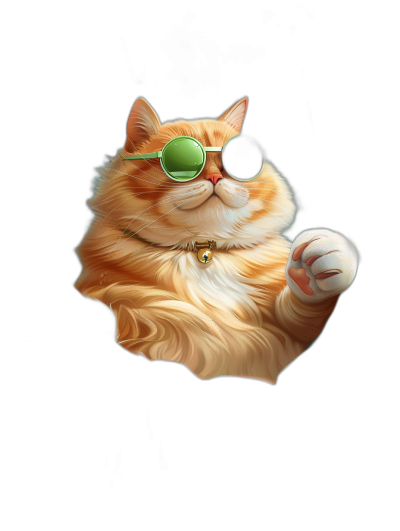 digital art of a cute fat orange cat, wearing green sunglasses and with a white belly, holding one paw up in the air against a black background, minimalistic, in the style of a chill happy and funny mood