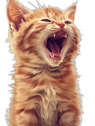 digital art of a cute kitten, ginger cat with its mouth open yawning and showing its white teeth against a black background with its full body visible.