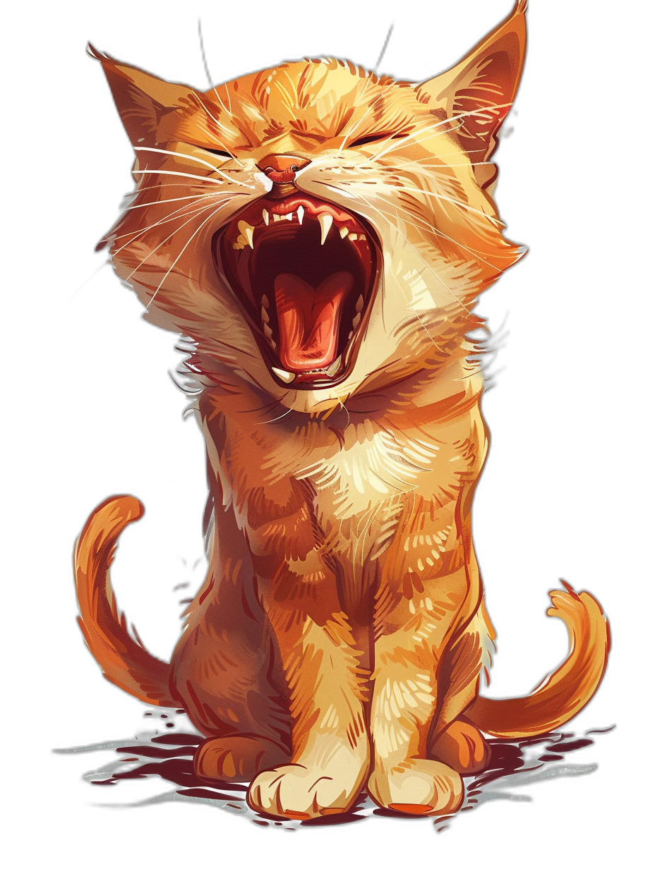 A cute orange cat with its mouth open, laughing heartily in the style of vector art, isolated on a black background, warm-toned and cool-contrasting hyper-detailed illustrations in the style of hyper-photorealism, cute anime characters depicted with digital painting techniques.