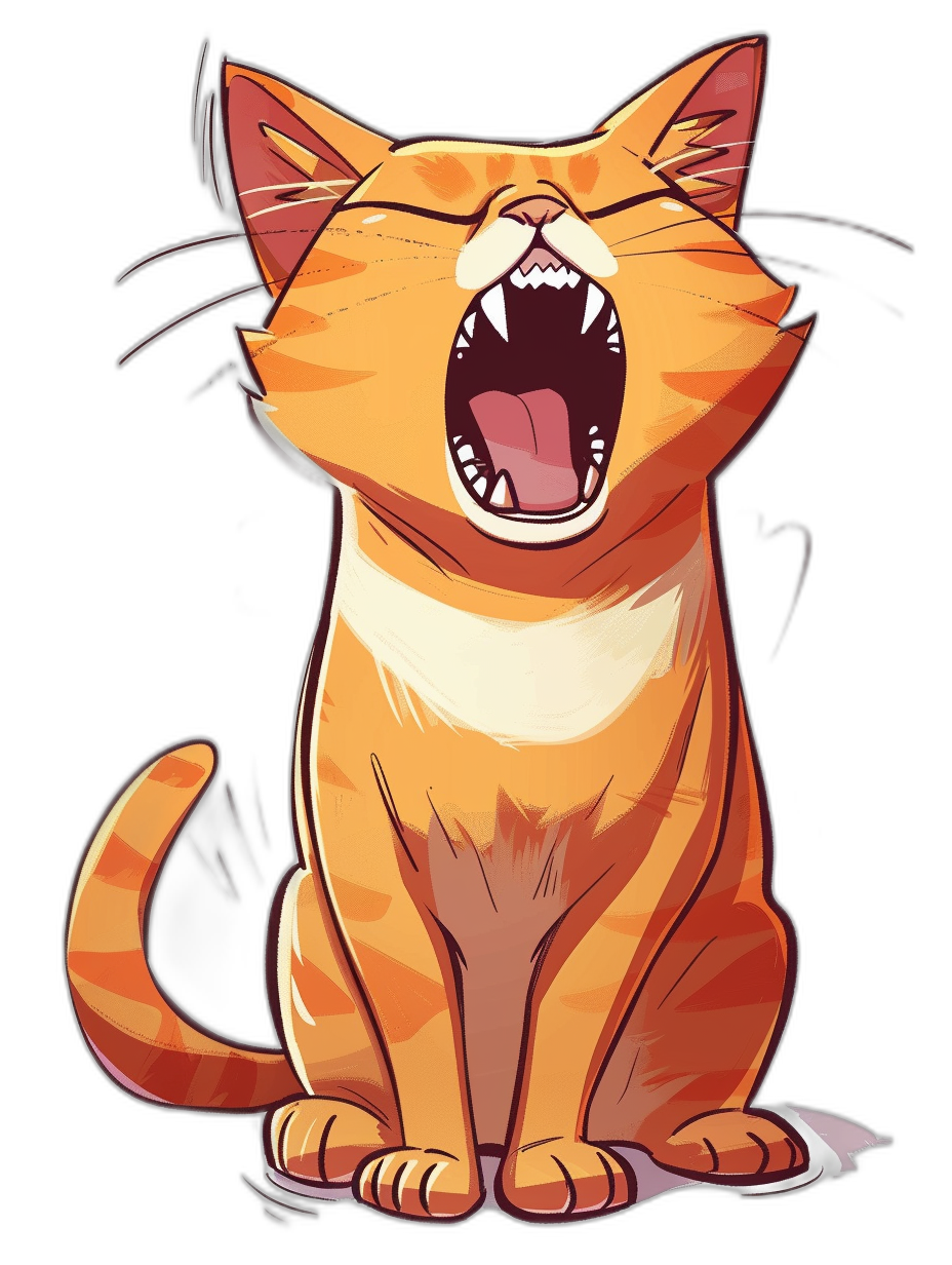 A cute orange cat is laughing heartily with its eyes closed in joyous excitement and its mouth wide open showing its sharp teeth. It has an exaggerated yawn and sits upright on the ground against a black background. The illustration style should be in the style of vector cartoon art with vibrant colors.