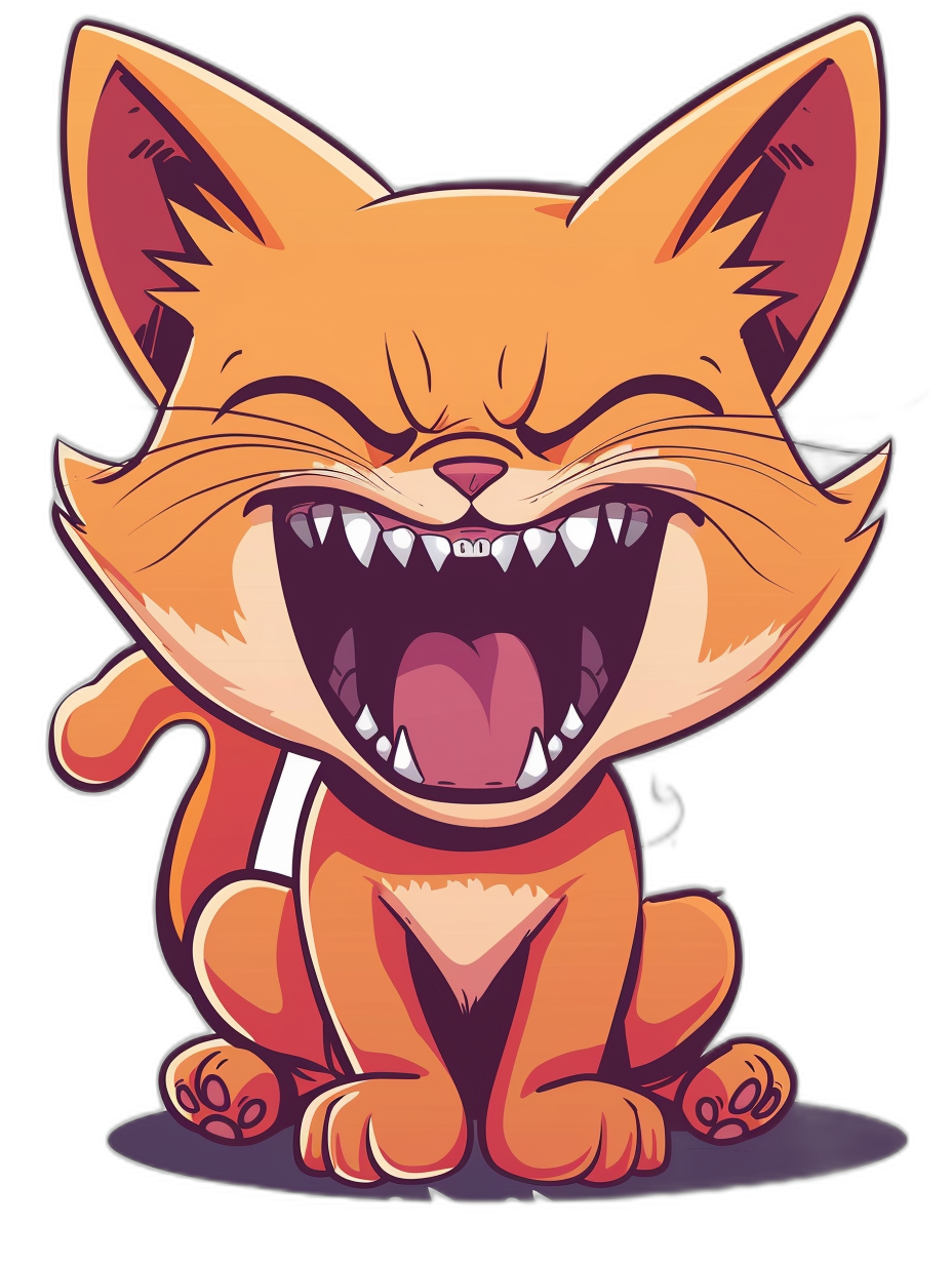 A cute happy orange cat, laughing with a sharp-toothed smile, vector sticker art in the style of [Tim Shumate](https://goo.gl/search?artist%20Tim%20Shumate) on a black background, t-shirt design graphic, ultra detailed, isolated in white color on a dark black solid background, high resolution, logo style.