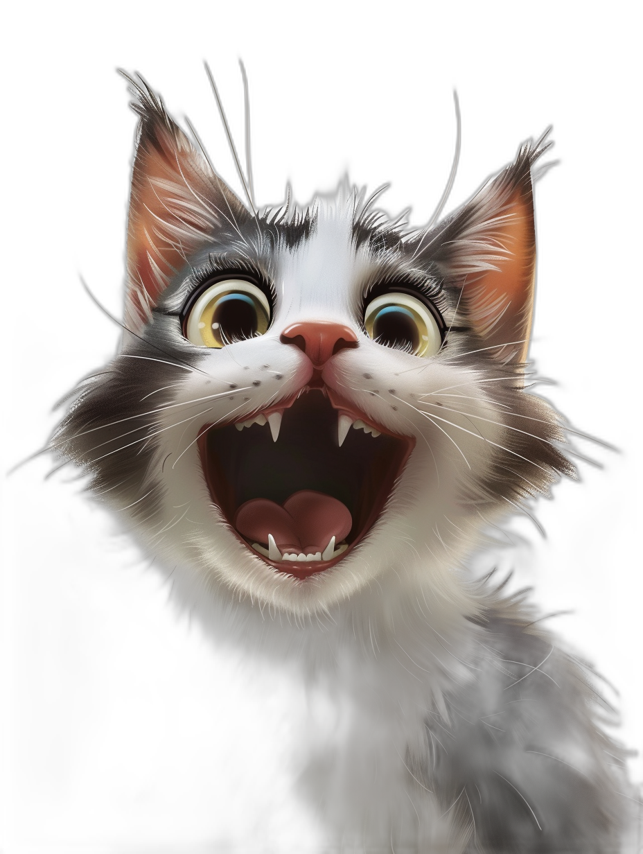 A cute cat smiling with big eyes and a wide open mouth in an exaggerated expression style reminiscent of Pixar animation against a black background, rendered with octane for a hyper-detailed realistic look.