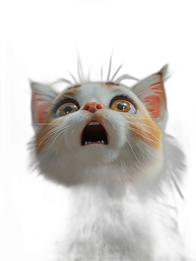 3D render of a shocked cat with its mouth open, looking up at the sky, black background, cute, in the style of Pixar, octane rendering, unreal engine, hyper realistic, hyper detailed