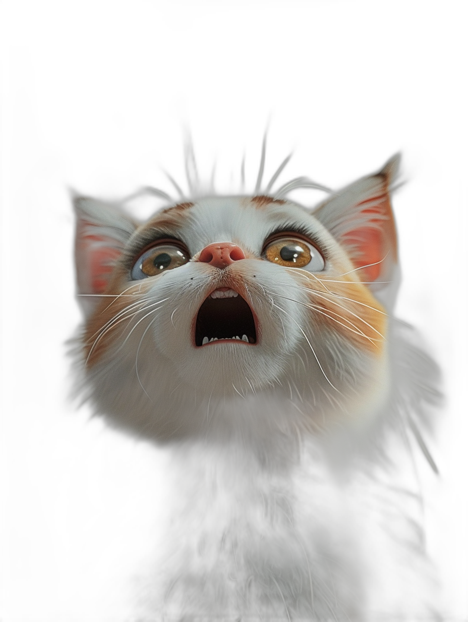 3D render of a shocked cat with its mouth open, looking up at the sky, black background, cute, in the style of Pixar, octane rendering, unreal engine, hyper realistic, hyper detailed