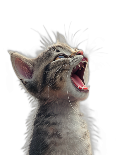 A cute kitten is roaring with its mouth open against a pure black background in a surreal, full body shot captured in the style of hyper-realistic photography with studio lighting for a high resolution image. The photography insanely details the kitten with intricate fine details and professional color grading with soft shadows and no contrast.