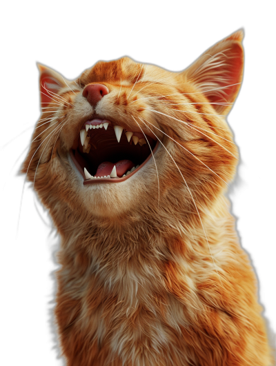 ginger cat laughing with teeth showing, realistic, black background, hyper detailed,