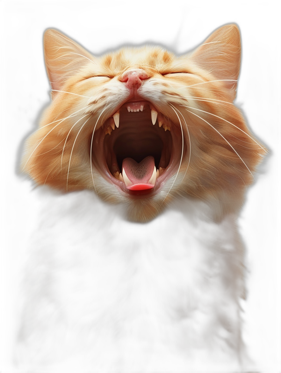 realistic photo of an orange cat laughing with its mouth open, teeth visible, on a black background, in the style of hyper realistic