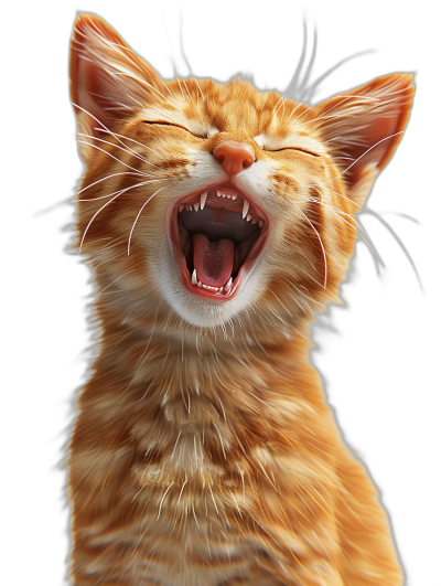 ginger cat laughing with teeth showing, hyper realistic in the style of octane render, studio lighting, black background