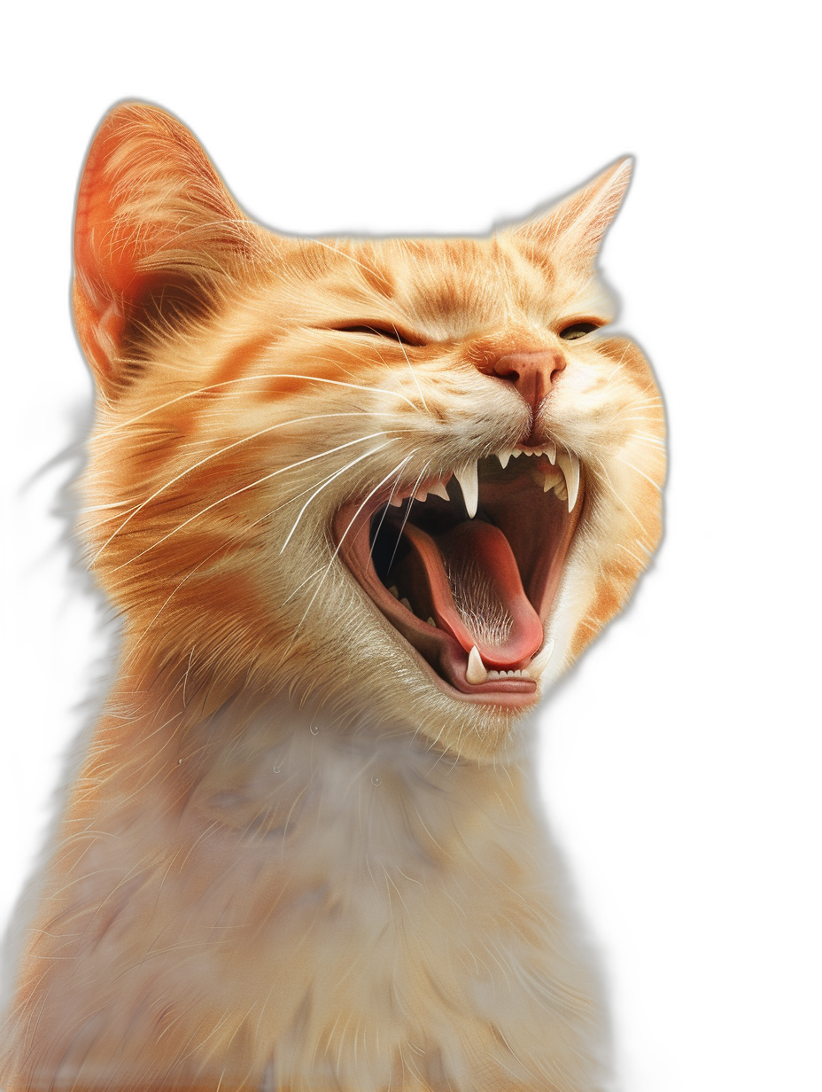 ginger cat laughing showing its teeth, hyper realistic in the style of digital art, black background