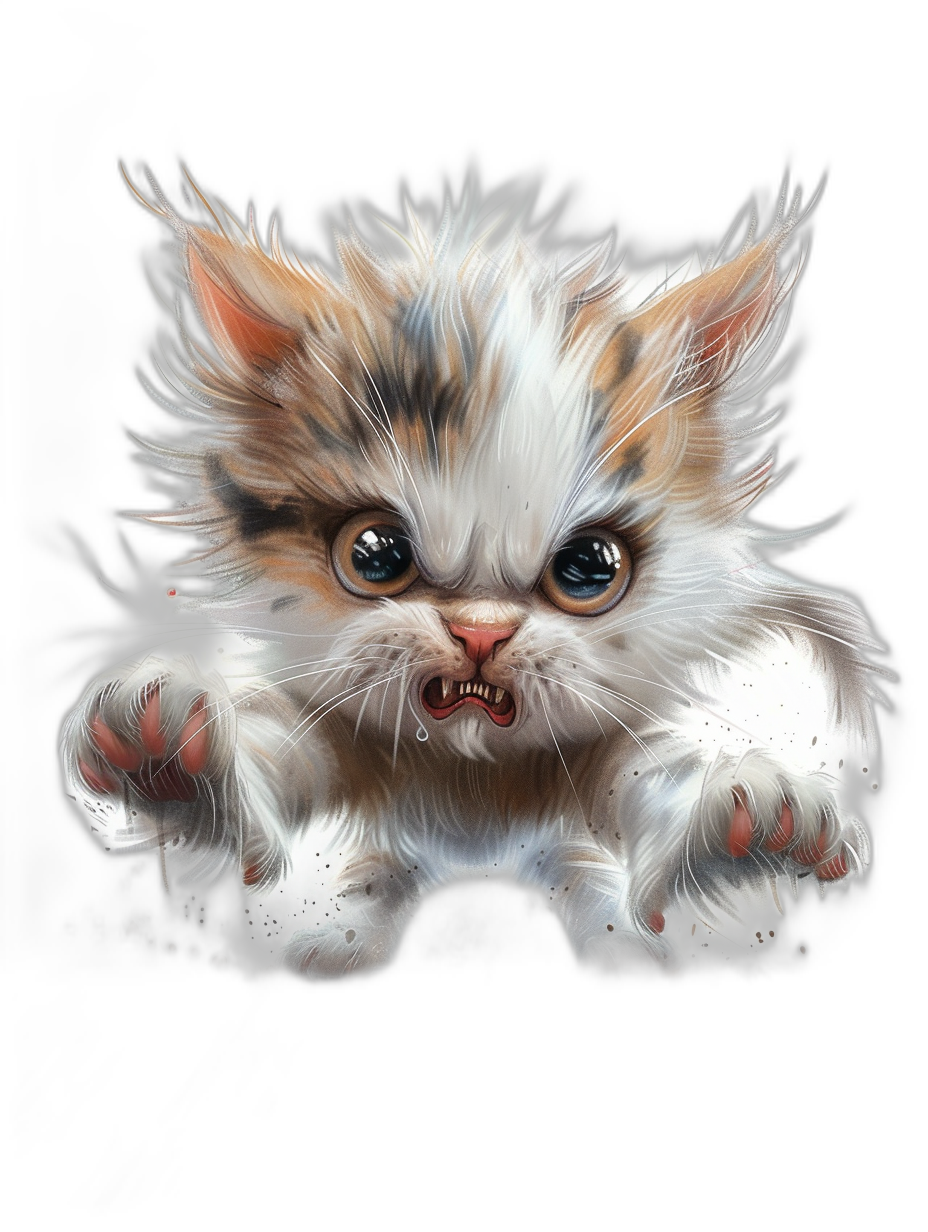 a cute fluffy kitten with an angry expression, paws outstretched and sharp teeth on black background, in the style cartoon realism, hyper-realistic animal illustrations, airbrush art style, watercolor painting, full body shot, concept art, intricately detailed, digital illustration by [Studio Ghibli](https://goo.gl/search?artist%20Studio%20Ghibli)