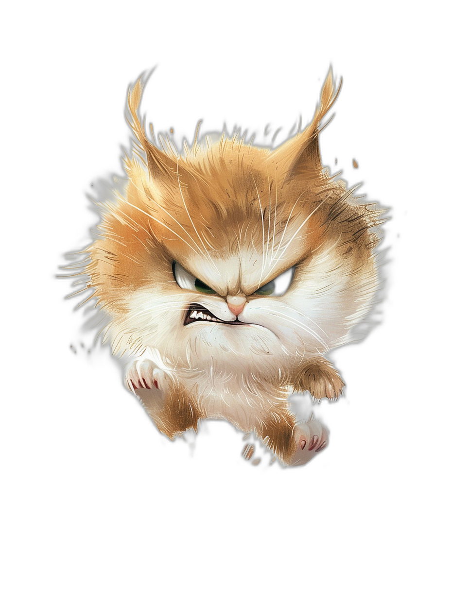 A cute angry cat jumping, with an angry face, on a black background, in the cartoon style, as vector art, with a full body shot, at high resolution, with high detail, and high contrast, as a digital painting, in the style of hyper realistic, with hyper detail.