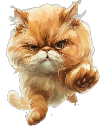 A very cute cartoon illustration of a fat Persian cat in the style of [Artgerm](https://goo.gl/search?artist%20Artgerm), detailed and sharp, full body with paws showing jumping up to attack, with a very angry expression on its face, isolated on a black background, t-shirt design.