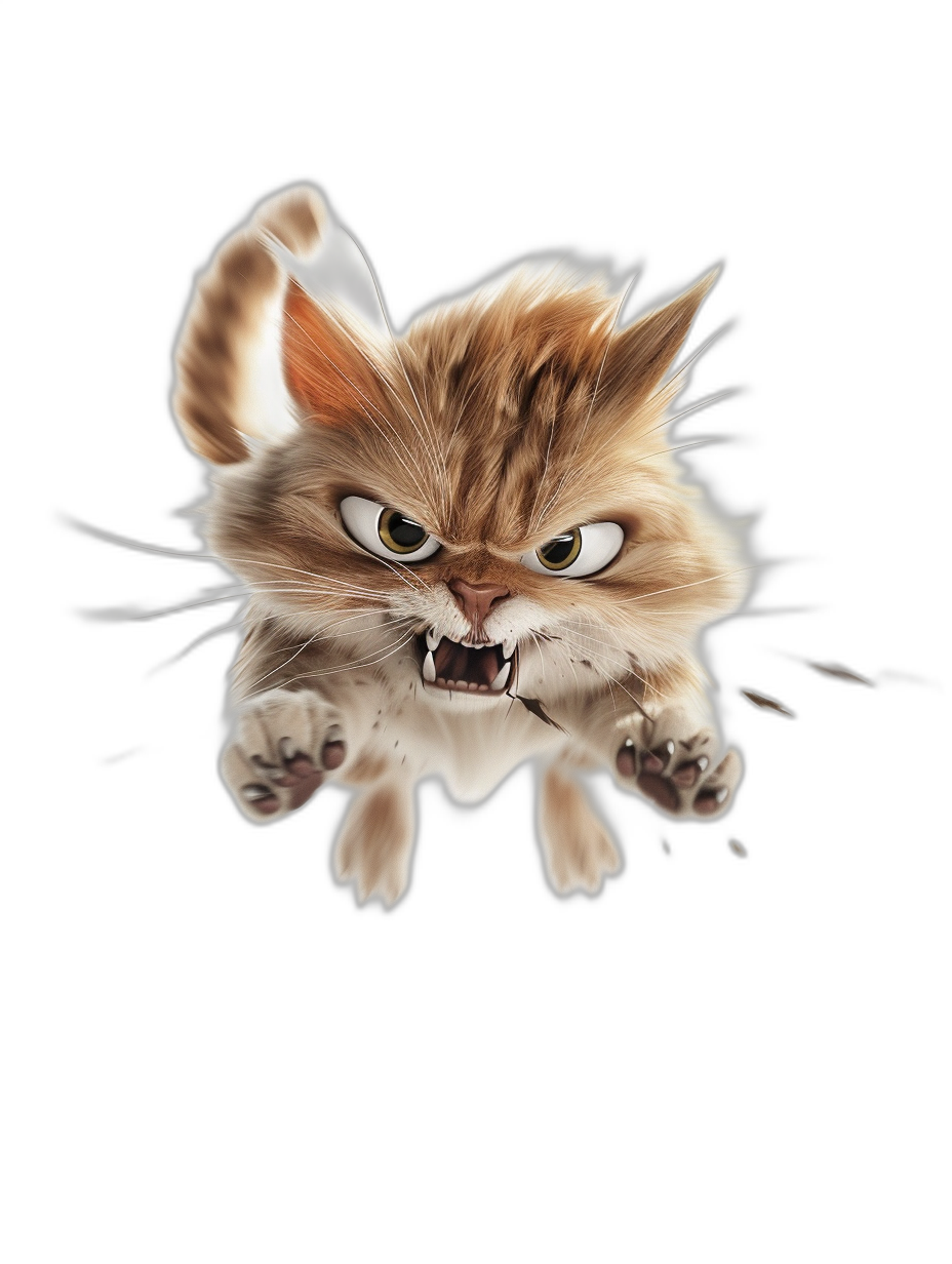 angry cat jumping towards the camera, vector art, 3D render, black background, cute cartoon style, digital illustration, cute digital art, high quality, high resolution, in the style of digital art.