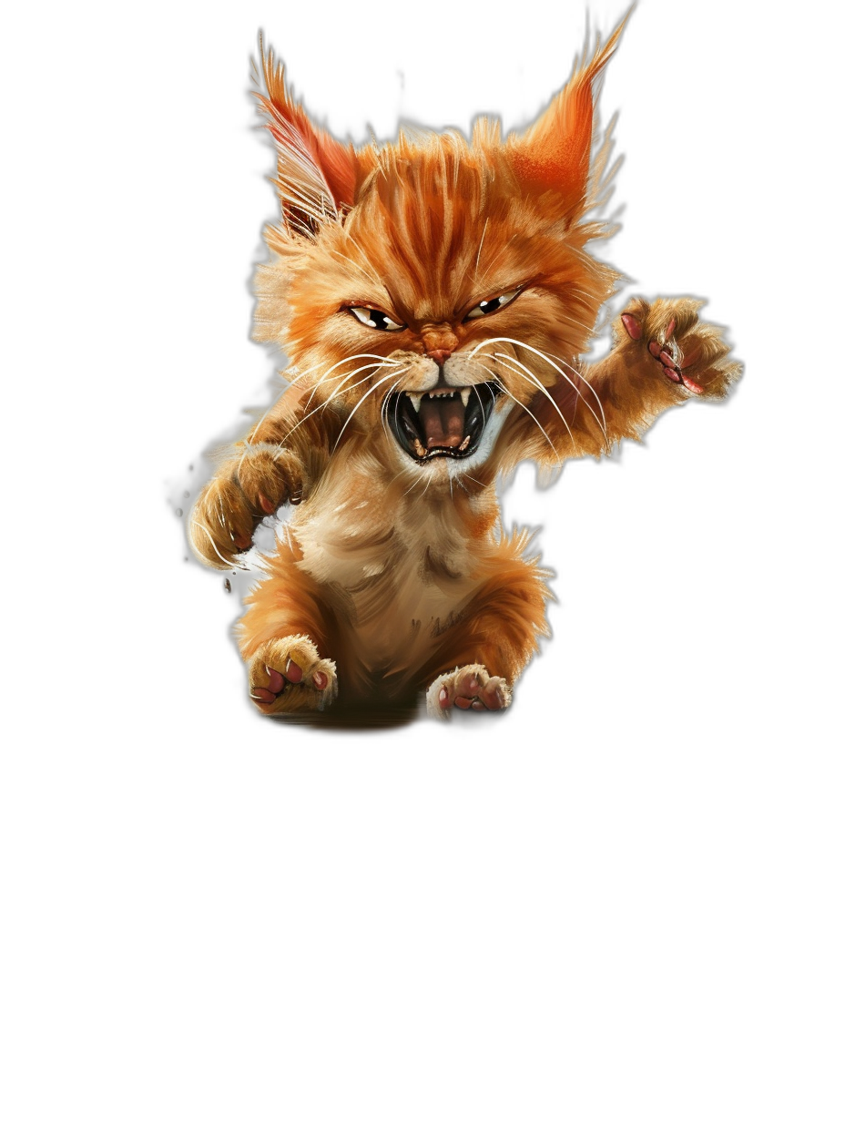 realistic digital illustration of an angry ginger cat jumping, full body, front view, on a black background, in the style of fantasy art.