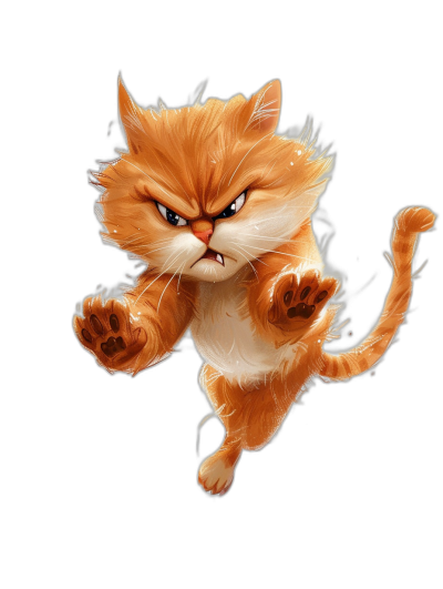 A cute orange cat is jumping with an angry expression in the style of a cartoon on a black background. It is a game illustration design concept art for a fantasy world showing the full body of a character. The art was rendered with redshift at a high resolution and high detail level of ultra-high definition.