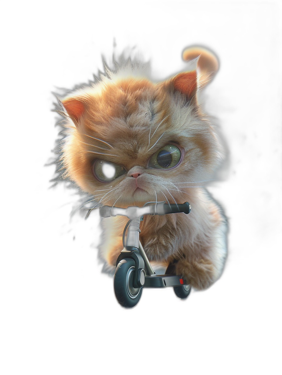 3D render of a cute Persian cat riding a scooter with an angry facial expression on a black background with rim lighting in the style of Pixar.