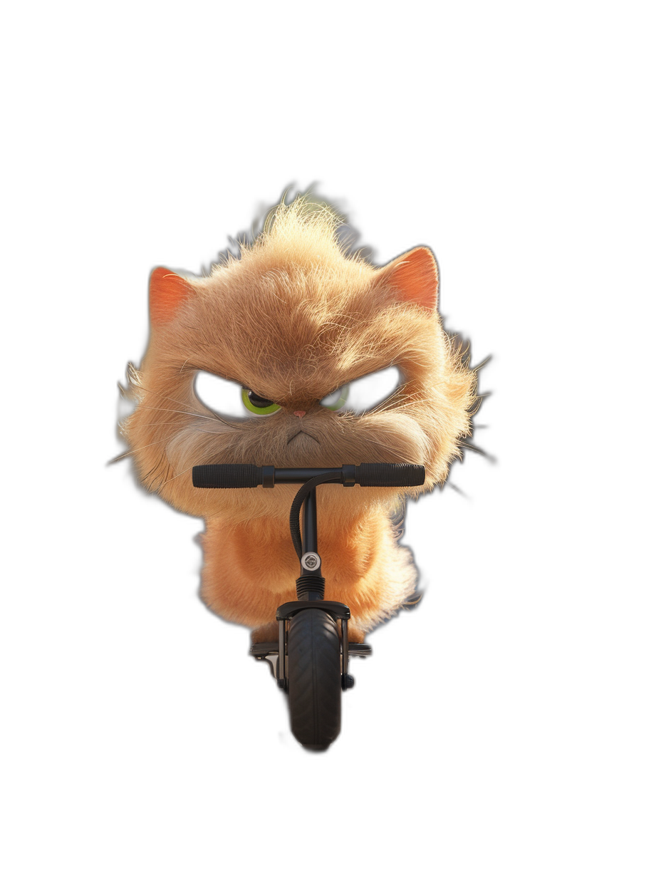 Cute fluffy fur cat riding an electric scooter with an angry face against a black background in the style of Pixar. 3D rendering.