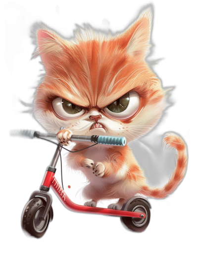 grumpy cat on scooter, caricature style cartoon art illustration, isolated black background, funny cute character design with a funny cute expression, clipart, in the style of caricature