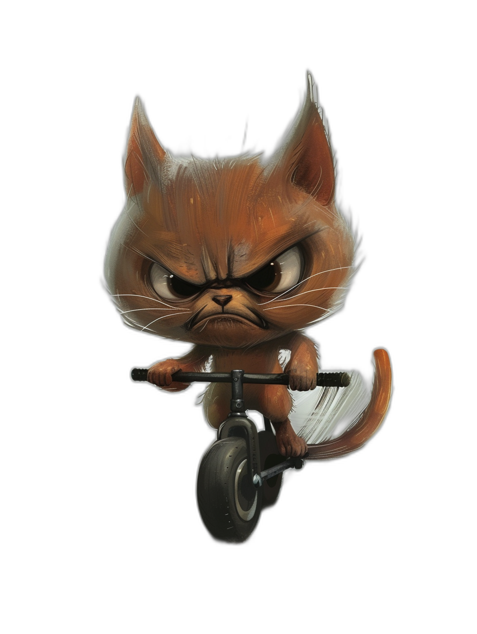 A cute chibi cat riding an electric scooter with an angry expression on a simple black background in the style of digital art.