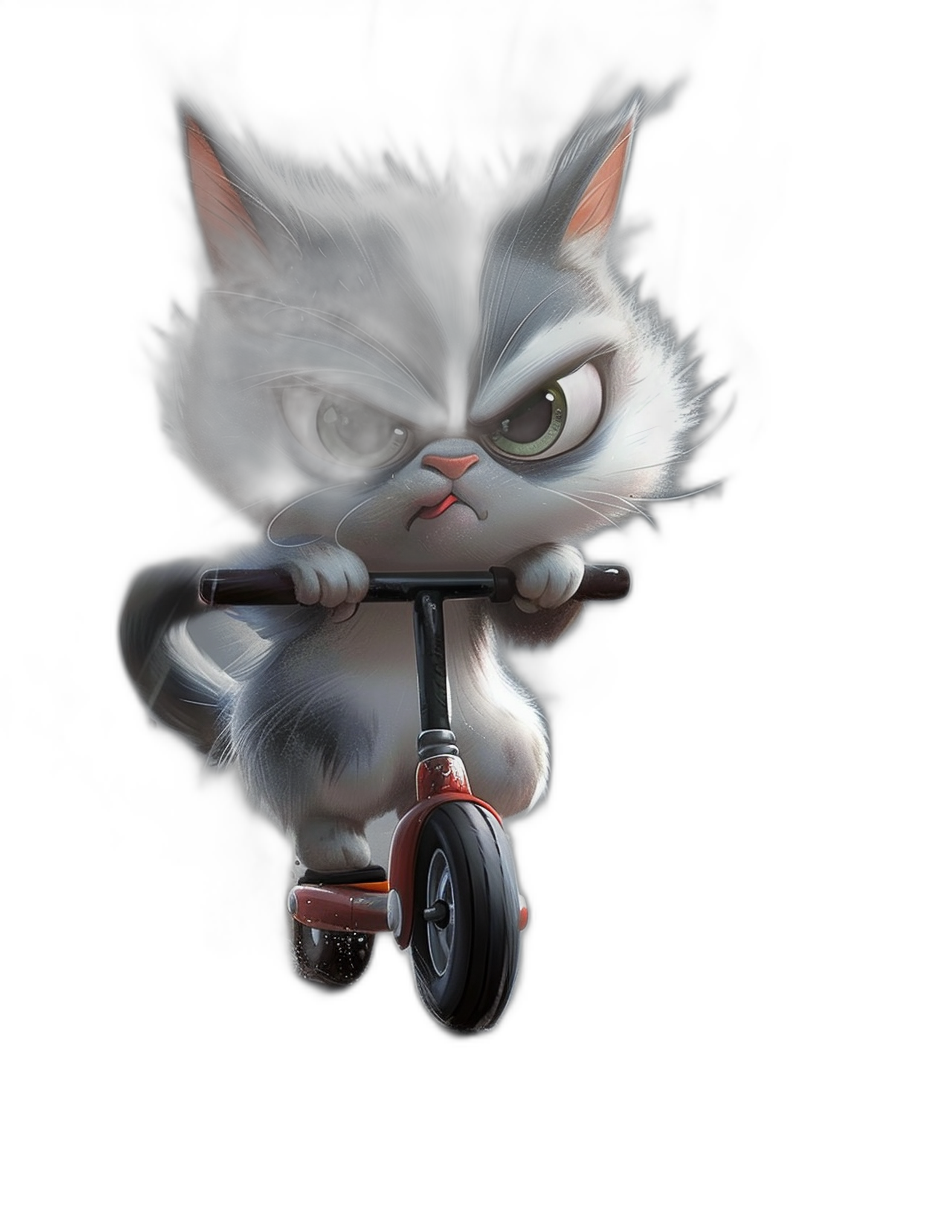 A cute gray and white cat riding an electric scooter on a black background, in the style of Pixar, cartoon character with cute eyes, high definition.