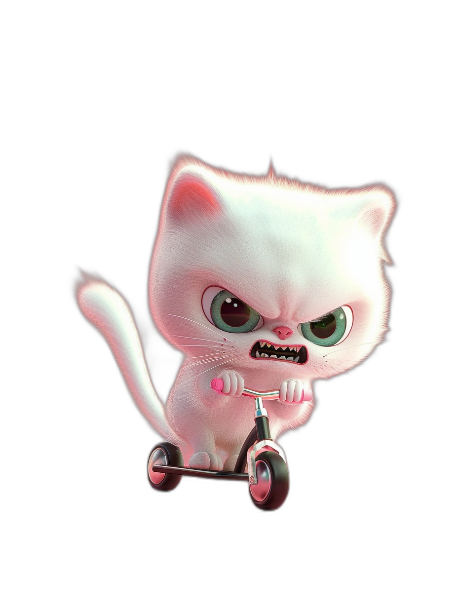 cute white kitten with an angry face showing its teeth and riding a scooter, with a pink nose and ears on a black background, in the 3d cartoon style.