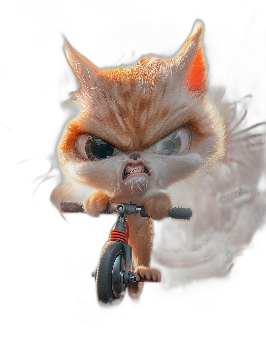 angry cute cat on scooter, angry eyes, 3D render, black background, in the style of Pixar