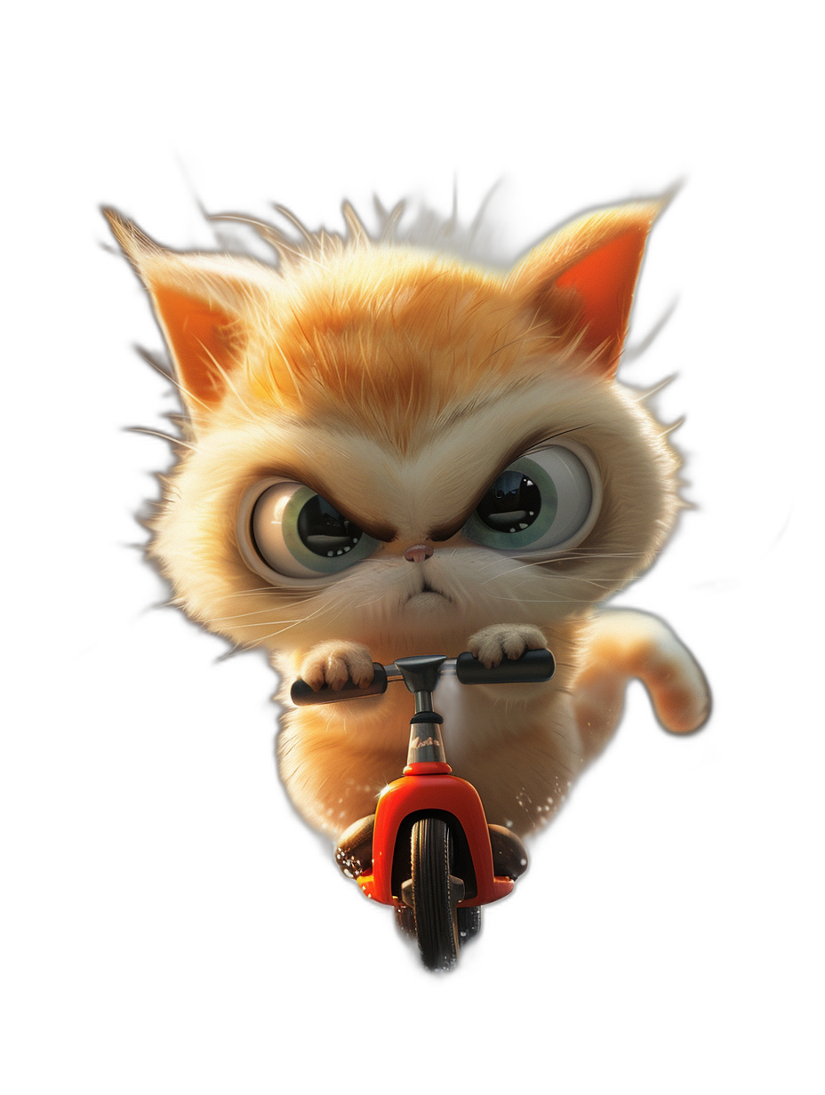 grumpy cute kitten character, riding a red scooter, in the style of Pixar, on a black background, hyper realistic, cinematic