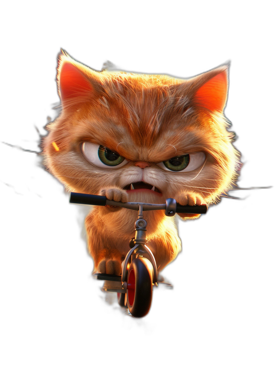 grumpy orange cat with big eyes riding on a scooter, in the style of Pixar, cartoon character, black background, high resolution, octane render, hyper detailed, cinematic look