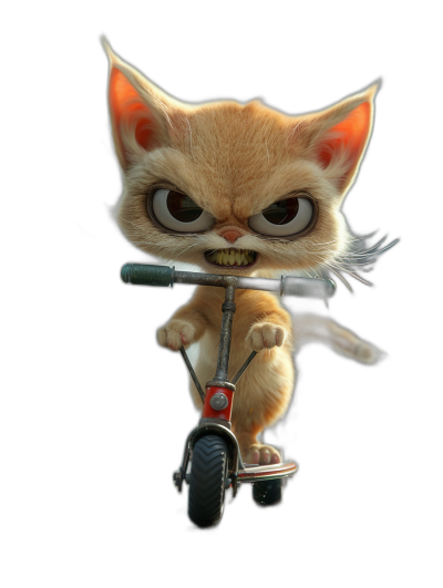 3D render of a cute kitten riding a scooter with an angry facial expression on a black background, in the style of Pixar.