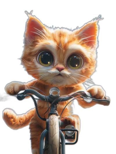 A cute ginger cat with big eyes riding on the front of a bicycle, front view, black background, in the style of Pixar.