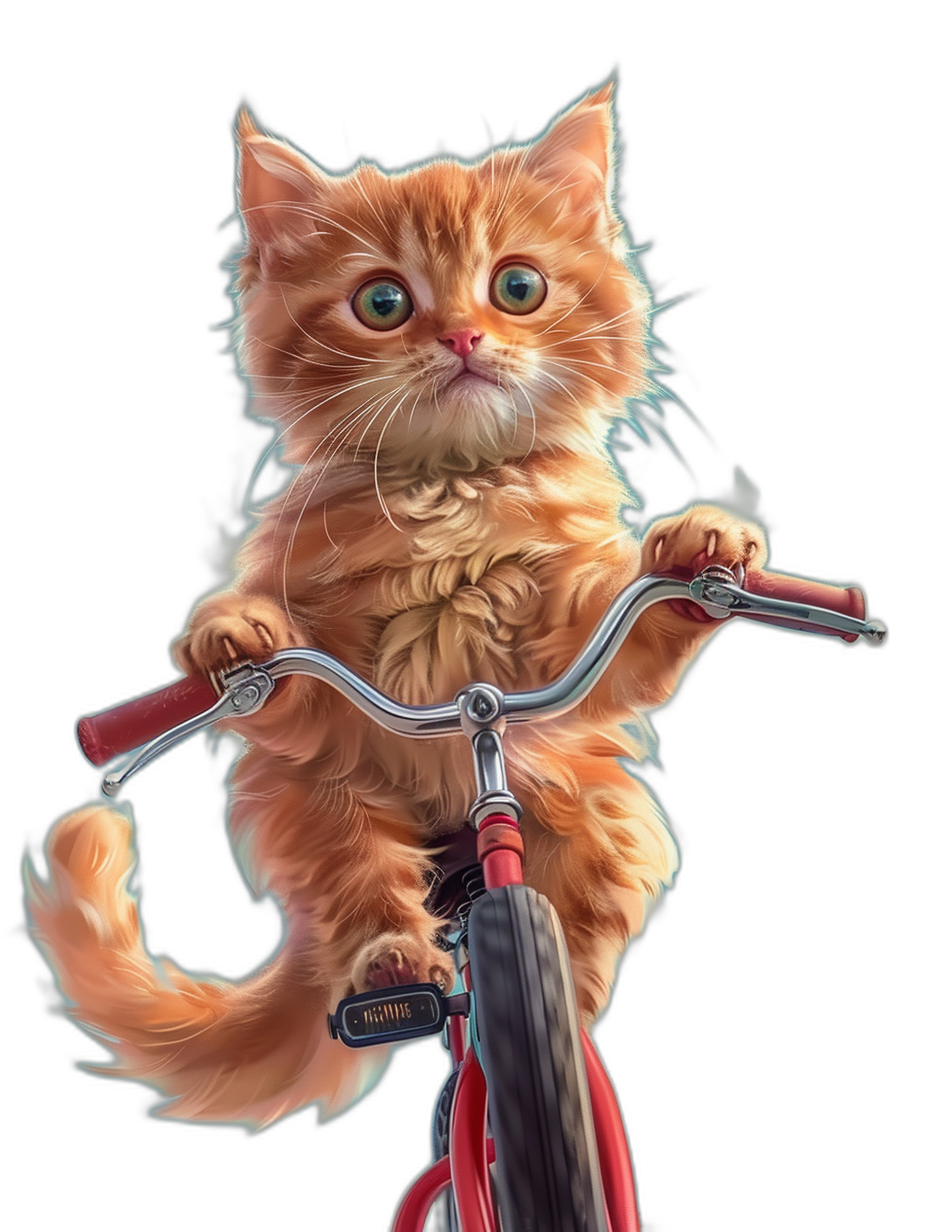 A cute red cat riding on the handlebar of a bicycle in the style of a cartoon, digital art in the cartoon style, high resolution, black background, full body shot, detailed fur texture, bright eyes, smiling expression.